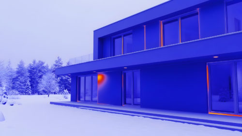 Etude thermique maison : vue extérieure d’une maison moderne en hiver avec image thermographique montrant des zones de déperdition près des fenêtres.