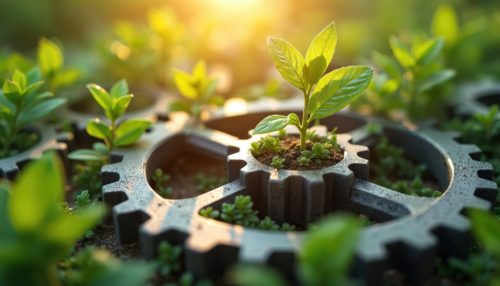 ACV analyse du cycle de vie RE2020 : jeune plante qui pousse au centre d’un engrenage métallique, symbole d’impact environnemental des matériaux.