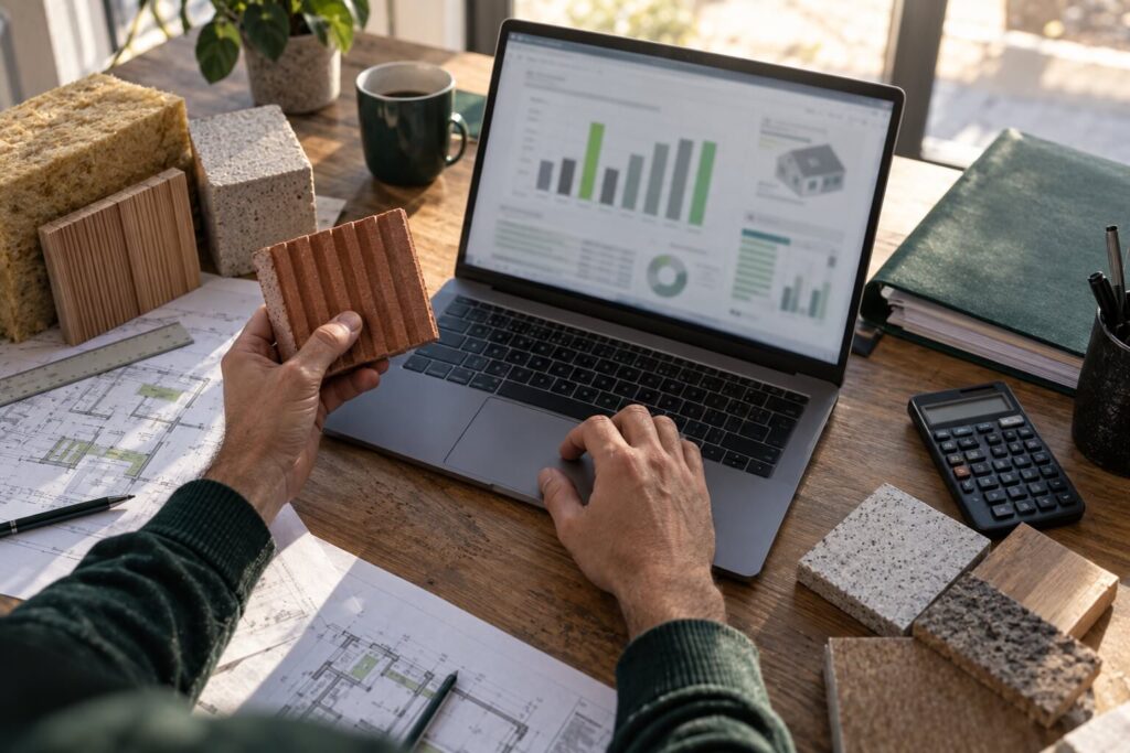 Thermicien comparant les matériaux d'un projet pour calculer l'Ic construction de l'ACV RE2020