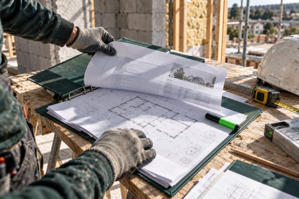 Dossier d'étude RE2020 consulté sur le chantier, du permis de construire à la fin des travaux