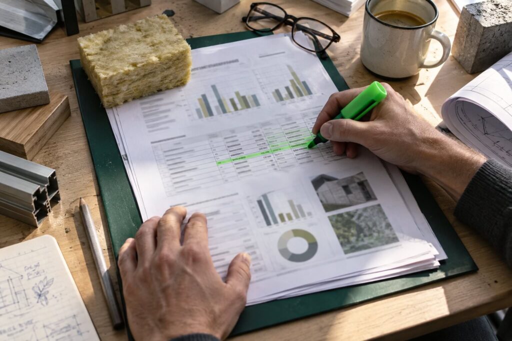Maître d'œuvre surlignant les indicateurs d'une fiche FDES imprimée