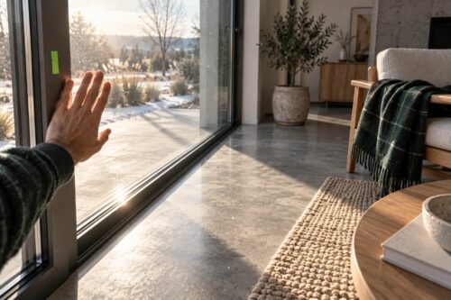 Soleil d'hiver traversant une baie vitrée orientée au sud : le facteur solaire Sw mesure cette énergie transmise