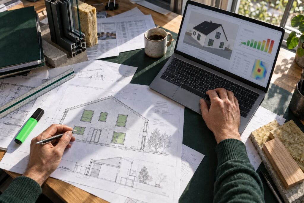 Thermicien reportant les baies d'un plan de maison individuelle dans le logiciel de calcul du Bbio